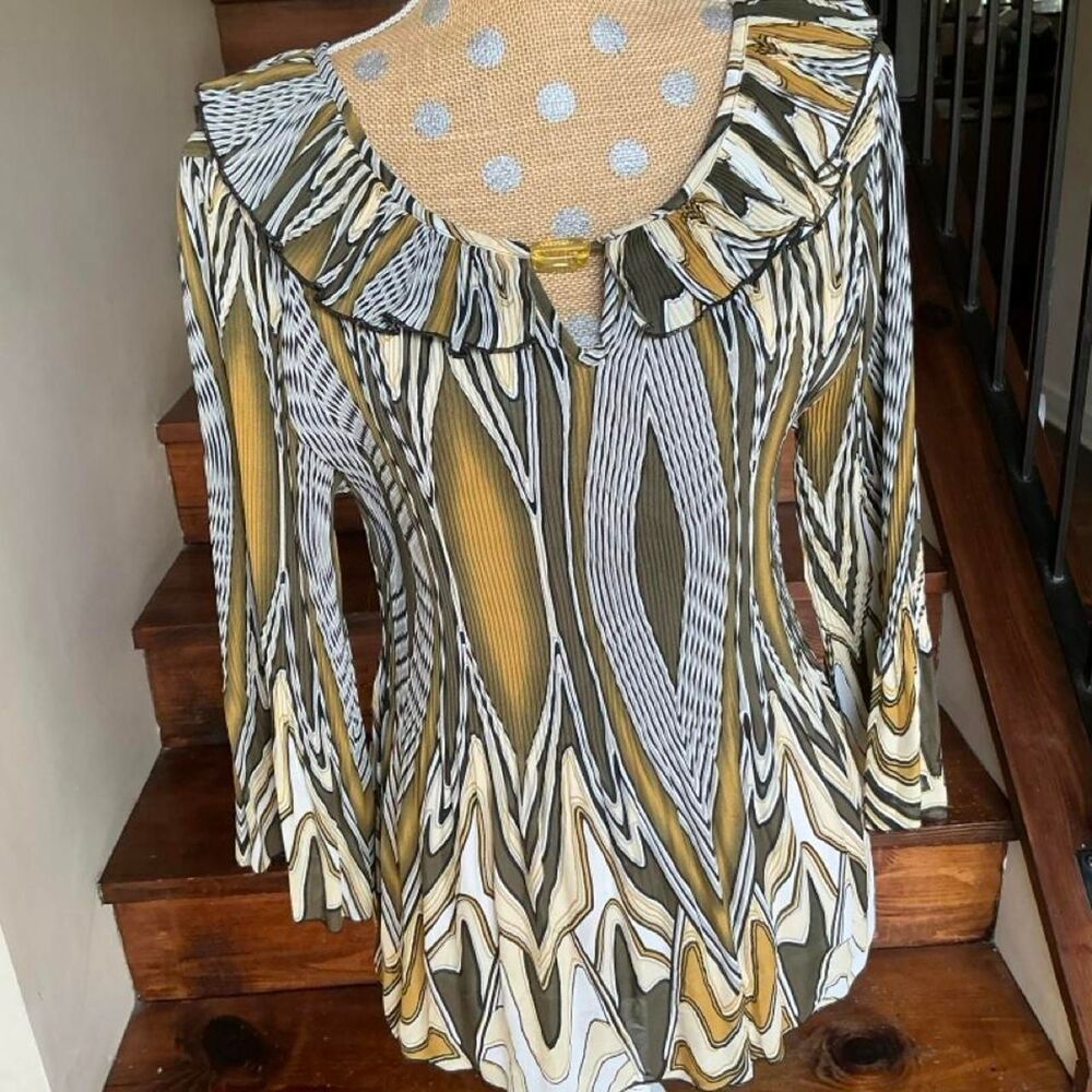 NICOLA Olive, Gold and White Patterned Ruffle Neck Blouse